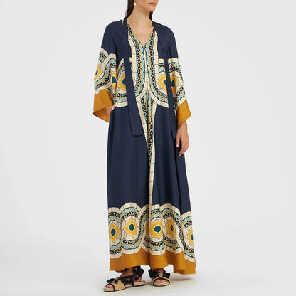 Robe imprimée élégante à col montant – Robe décontractée taille haute à manches longues et ample