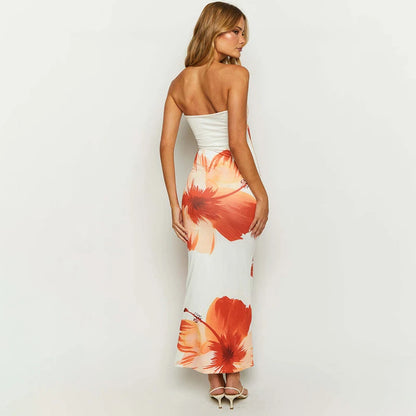 Robe tube longue à épaules dénudées et imprimé floral pour femme CUTENOVA