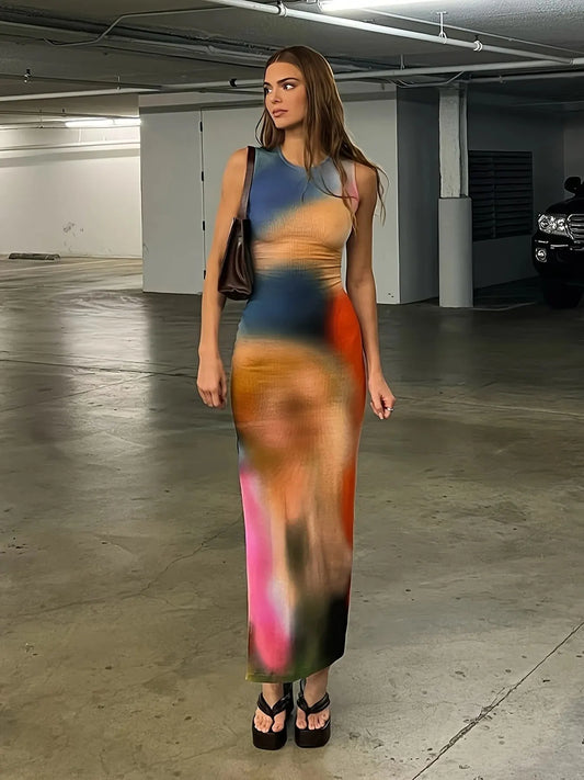 Woman wearing a colorful dress in an underground parking lot