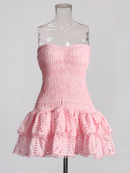 Designer Women’s Strapless Mini Dress – High Waist A-Line Dress with Ruffle Hem