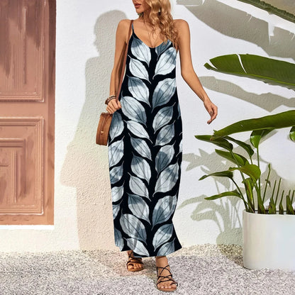 Robe longue grande taille à imprimé plumes – Robe d'été trapèze sans bretelles avec poches