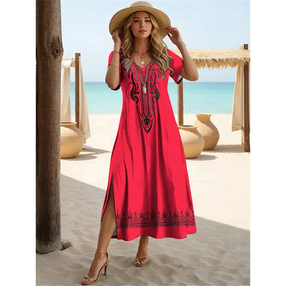 Robe longue fendue style bohème d'été – Robe pull à manches courtes et col en V pour femme