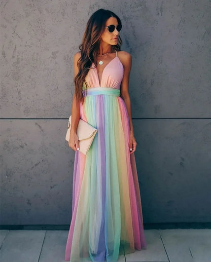 Vestido de malla arcoíris para mujer: sexy vestido playero de verano con escote en V profundo y cintura alta.