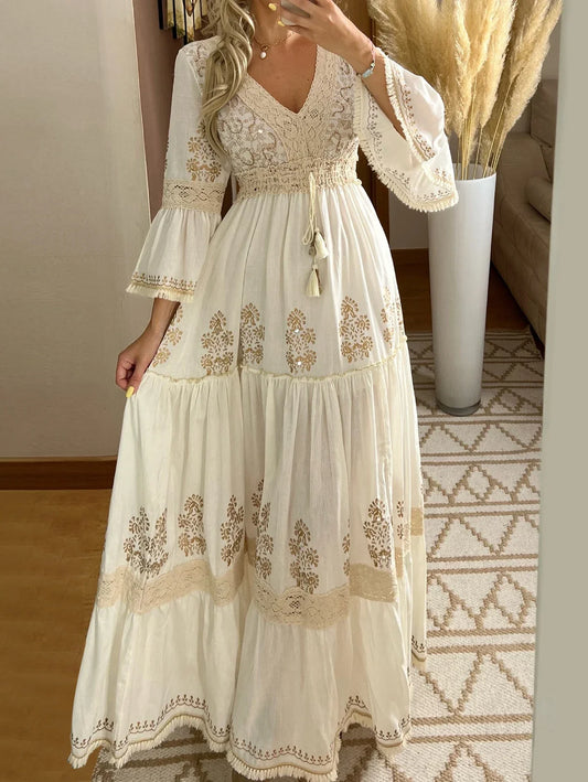 Retro Floral Lace V-Neck Maxi Dress - Chic summer dress for women