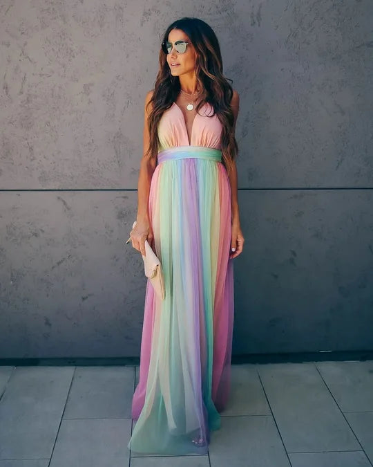Vestido de malla arcoíris para mujer: sexy vestido playero de verano con escote en V profundo y cintura alta.