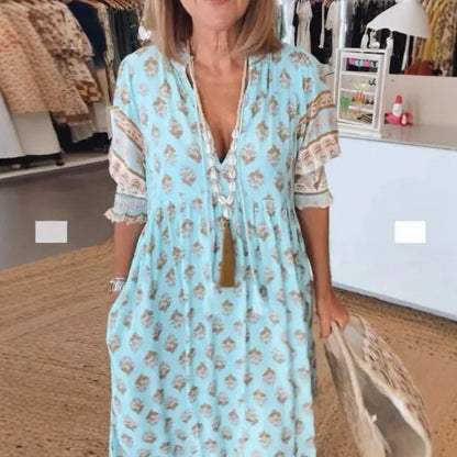 Bohemian Lantern Sleeve V-Neck Long Dress Women’s Spring Summer Beach Dress