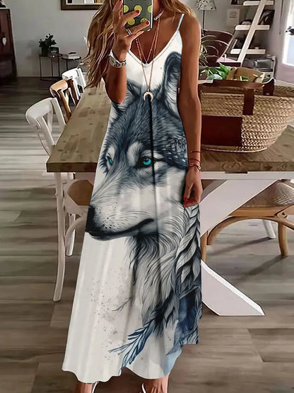 Robe longue à imprimé hibou tribal – Robe d'été vintage sans manches à bretelles spaghetti