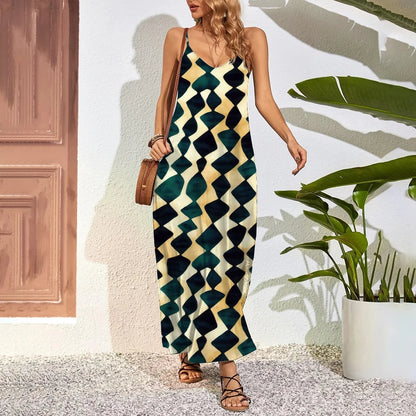 Robe longue grande taille à imprimé plumes – Robe d'été trapèze sans bretelles avec poches