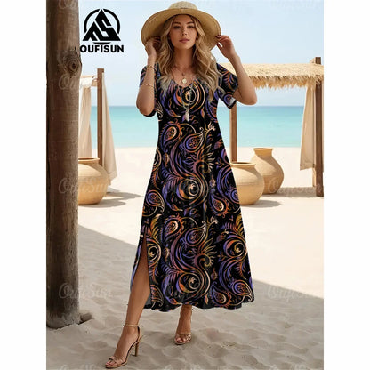 Elegant Women’s Vintage V-Neck Summer Dress – Loose Oversized Long Evening Dress