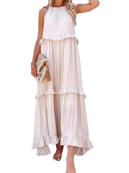 Robe longue dos nu à col licou – Robe de plage à volants et lacets pour femme