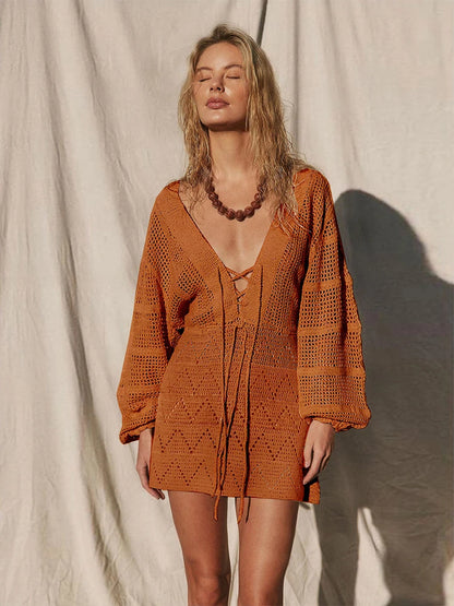 Sexy Deep V-neck Lace-up Mesh Mini Dress – Summer Beach Cover-Up