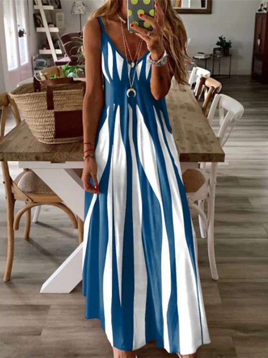 Sexy Sleeveless Black & White Stripe Printed Long Dress – Summer Casual Party