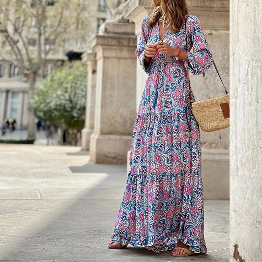 Elegant Women’s Flower Long Dress – Spring Bohemian Printed Abiye Dress