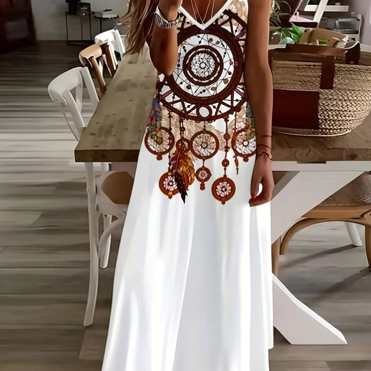 Retro Fishing Net Print Sleeveless Suspender Ankle-Length Dress - Chic summer dress for women