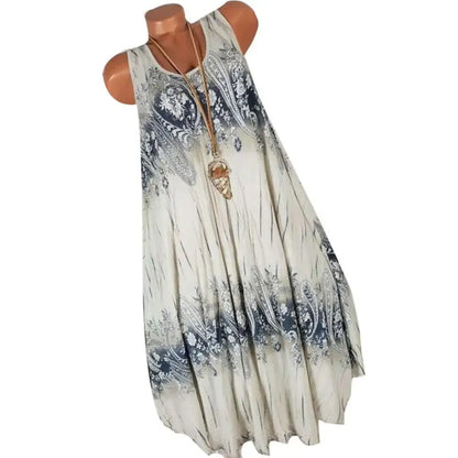 Women’s Summer Floral Pleated Dress – Round Neck Sleeveless Loose Plus Size Tank Dress
