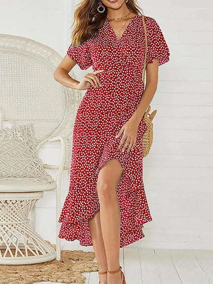 Summer Beach Maxi Dress for Women – Floral Print Boho Chiffon Ruffle Wrap Dress