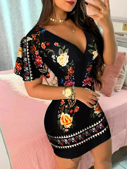 Summer Floral Print Bodycon Mini Dress Women