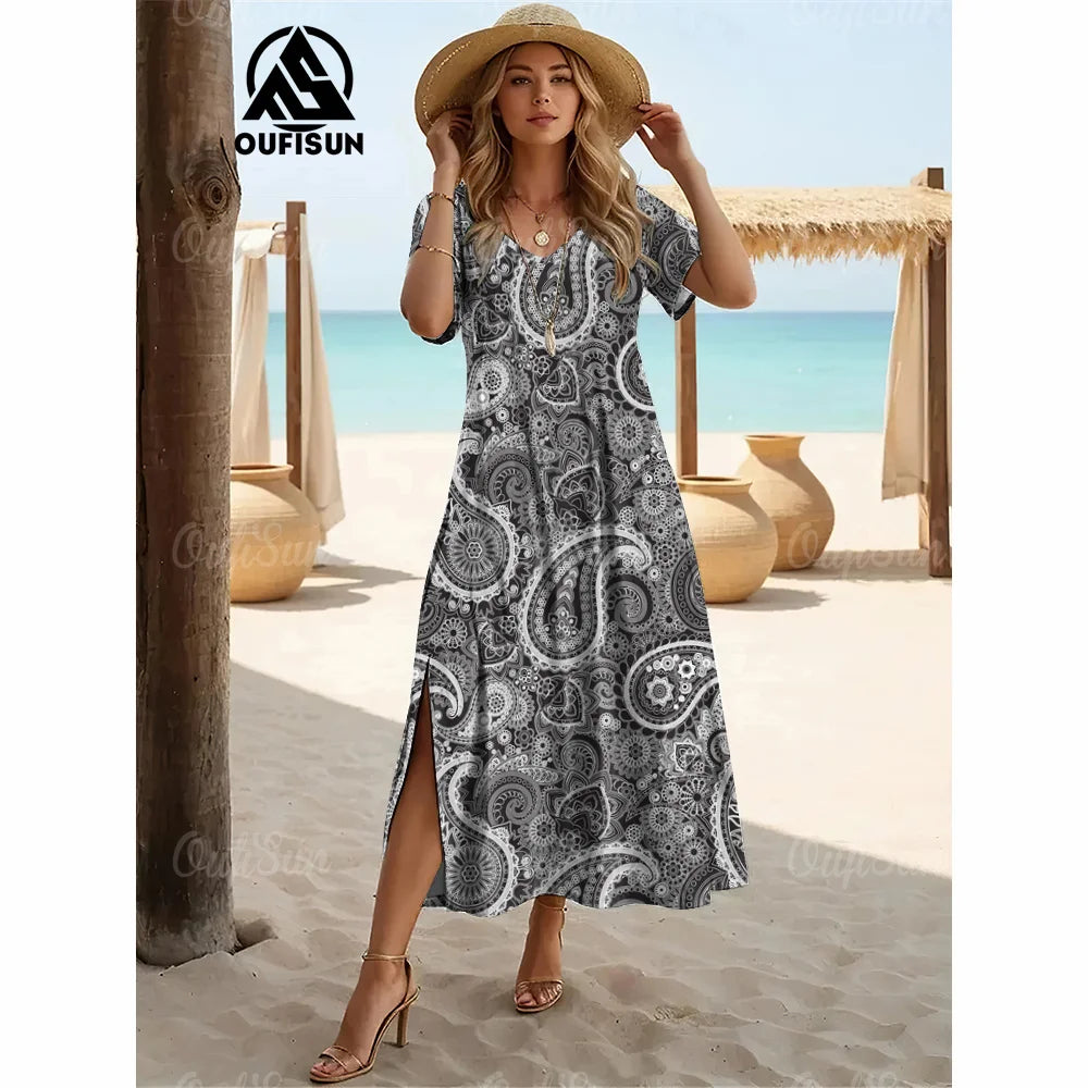 Elegant Women’s Vintage V-Neck Summer Dress – Loose Oversized Long Evening Dress
