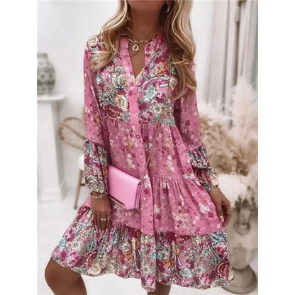 Boho V-Neck A-Line Dress – Summer Loose Printed Beach Party Dress