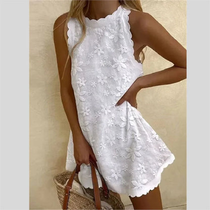 Casual White Lace Mini Dress - Sleeveless - Loose Fit - Summer 2024 Chic Party Vacation Dress - Elegant Vestidos
