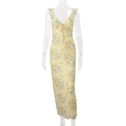 Women’s Floral Cami Bodycon Dress – Deep V Neck Tie Bow Backless Spaghetti Strap Dress