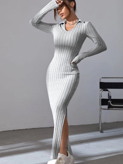 Sexy Knit V-Neck Sweater Dress – Women’s Long Sleeve Slim Fit Split Hem Dress