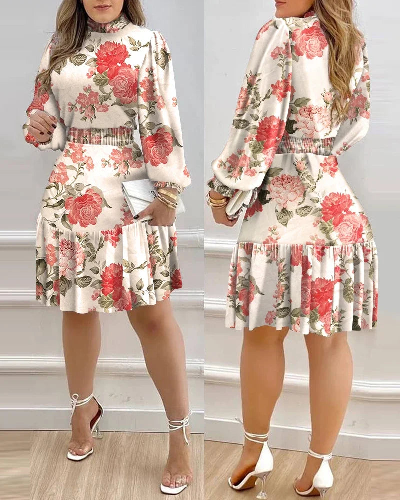 Two views of a woman wearing a floral dress against a white wall.