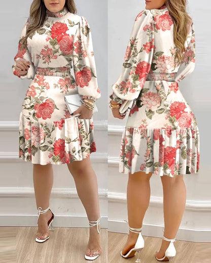 Two views of a woman wearing a floral dress against a white wall.