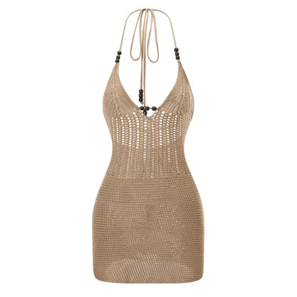 Robe courte dos nu Hirigin pour femme – Robe moulante d'été en tricot crocheté