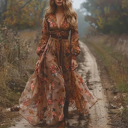 Vintage Pattern Long Sleeve V-Neck High Waist Pleated Dress – Bohemian Autumn Women’s Dress