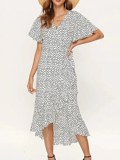 Summer Beach Maxi Dress for Women – Floral Print Boho Chiffon Ruffle Wrap Dress