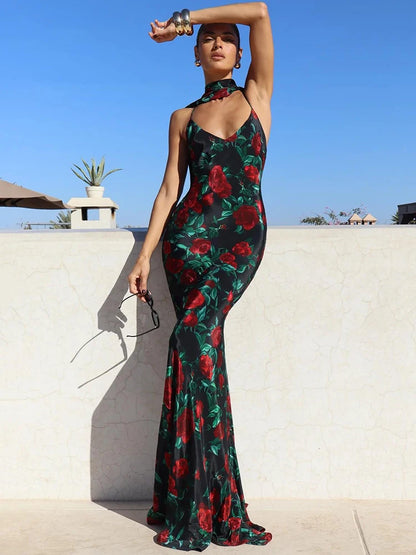 Mozision Halter Backless Maxi Dress – Elegant Printed Sleeveless Party Gown