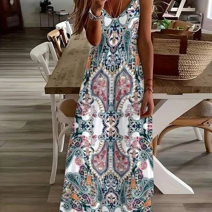 Retro Fishing Net Print Sleeveless Suspender Ankle-Length Dress