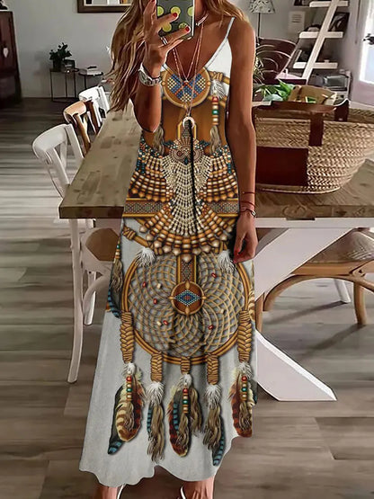 Robe longue à imprimé hibou tribal – Robe d'été vintage sans manches à bretelles spaghetti