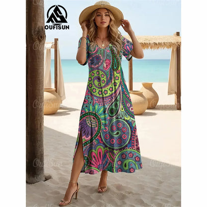 Elegant Women’s Vintage V-Neck Summer Dress – Loose Oversized Long Evening Dress