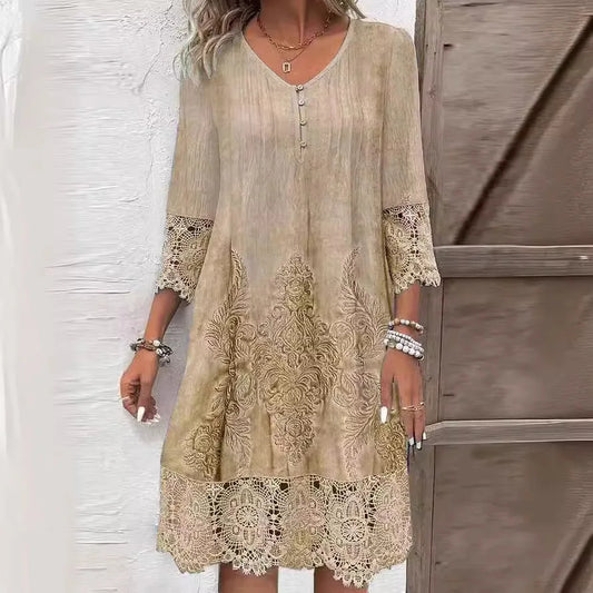 Solid Color Lace V-Neck Button Dress - Chic summer dress for women