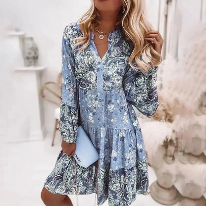 Boho V-Neck A-Line Dress – Summer Loose Printed Beach Party Dress