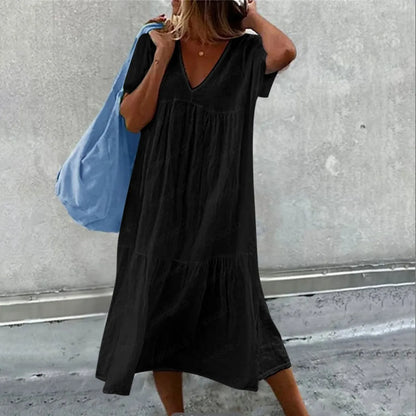 Solid Color Cotton Linen Midi Dress for Women – Casual V-Neck Short Sleeve Loose Fit