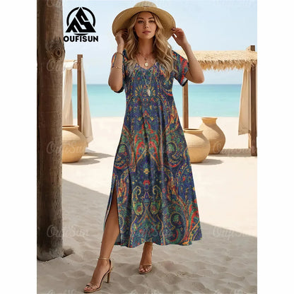 Elegant Women’s Vintage V-Neck Summer Dress – Loose Oversized Long Evening Dress
