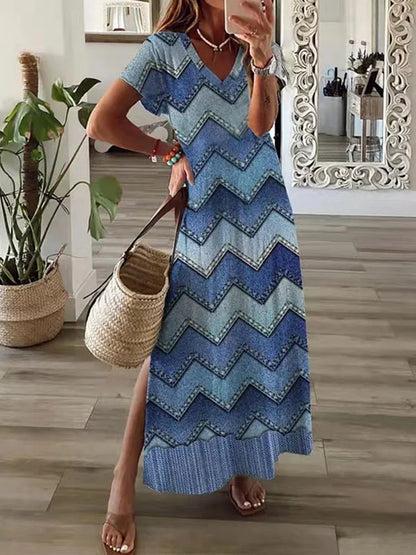 Geometric Print T-Shirt Maxi Dress – Casual Summer A-Line Dress with Short Sleeves