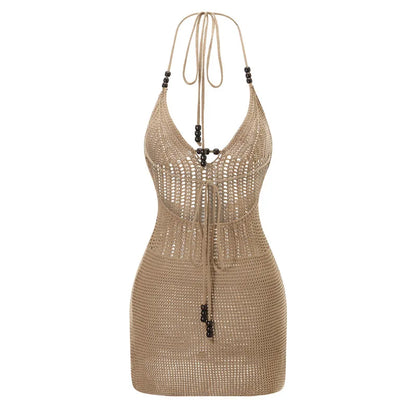 Robe courte dos nu Hirigin pour femme – Robe moulante d'été en tricot crocheté