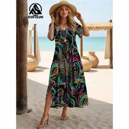 Elegant Women’s Vintage V-Neck Summer Dress – Loose Oversized Long Evening Dress