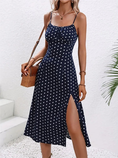 Robe mi-longue d'été à pois – Robe de plage sexy sans manches à bretelles spaghetti pour femme