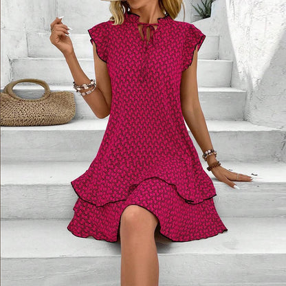 Bohemian V-Neck Mini Dress – Lace-Up Ruffle Casual Dress with Flying Sleeves