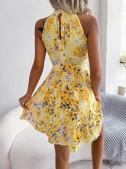 Women’s Floral Printed Halter Dress – Sexy Summer Short Beach Dress