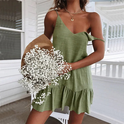 Vestido mini sexy verde con volantes y tirantes finos para mujer