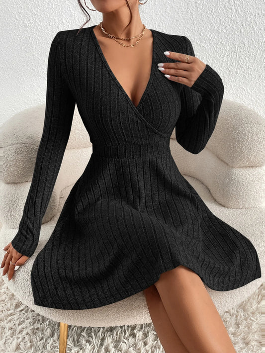 Slim Fit Knit Sweater Dress – Solid Color Long Sleeve Casual Bodycon Dress for Women