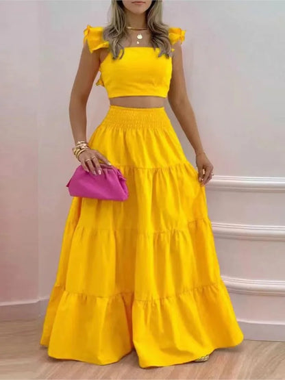 Summer 2-Piece Set – Sexy Solid Maxi Skirt & Loose Top Outfit for Women