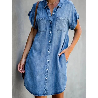 Women’s Casual Denim Shirt Dress – Summer Loose Fit Button-Down Dress with Pockets