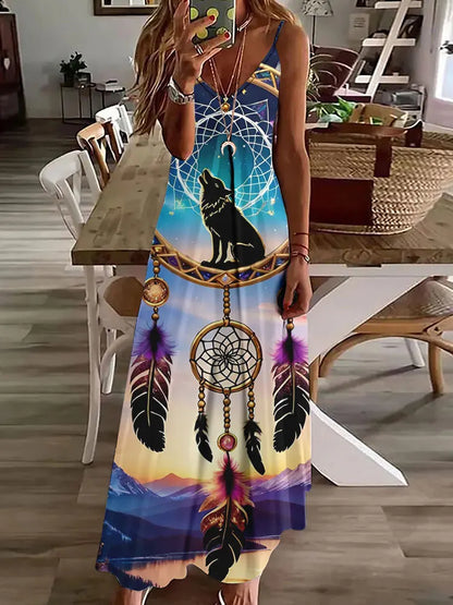 Robe longue à imprimé hibou tribal – Robe d'été vintage sans manches à bretelles spaghetti